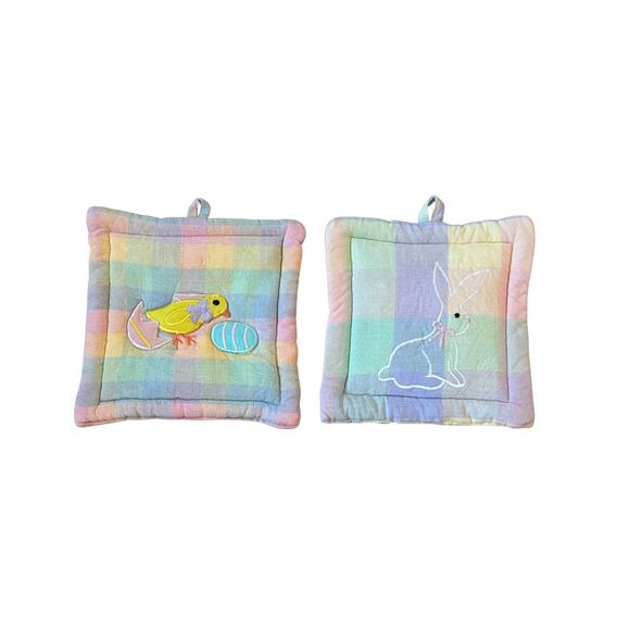 Vintage Spring Pot Holders Set | Bunny & Chick Easter Kitchen Decor - Picture 1 of 6